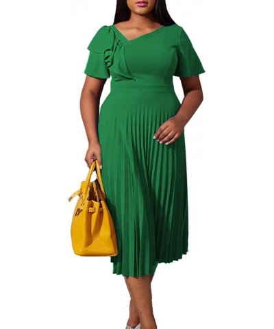 Women's Ruffle Short Sleeve Pleated Asymmetrical Neck A Line Elegant Midi Dress Green $24.48 Dresses