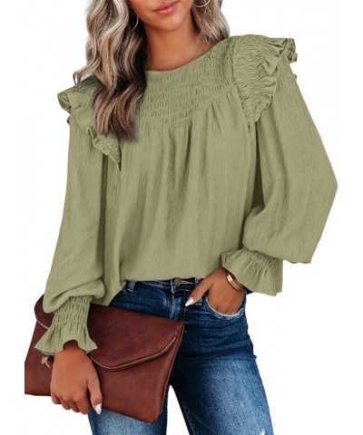 Casual Womens Tops Bubble Long Sleeve Crewneck Smocked Ruffle Shirts Blouses Green $18.89 Blouses