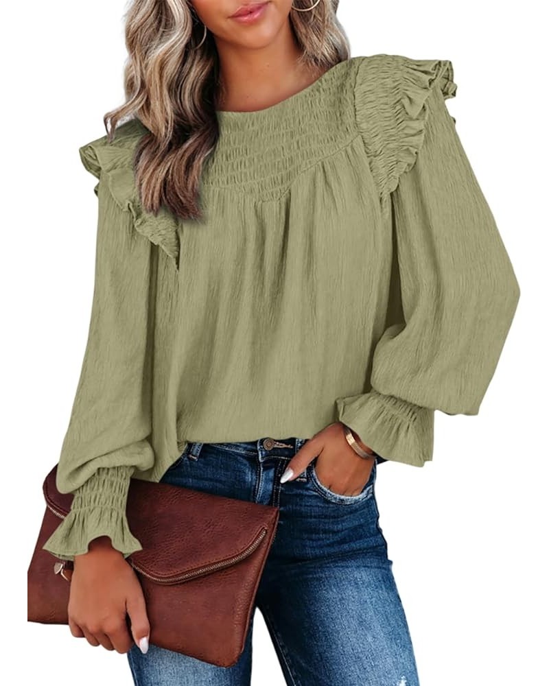 Casual Womens Tops Bubble Long Sleeve Crewneck Smocked Ruffle Shirts Blouses Green $18.89 Blouses