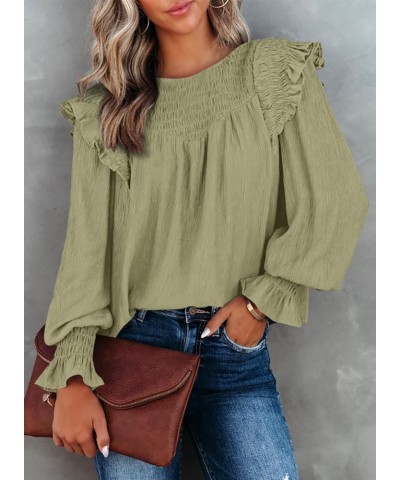 Casual Womens Tops Bubble Long Sleeve Crewneck Smocked Ruffle Shirts Blouses Green $18.89 Blouses