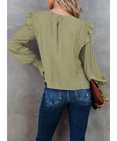 Casual Womens Tops Bubble Long Sleeve Crewneck Smocked Ruffle Shirts Blouses Green $18.89 Blouses