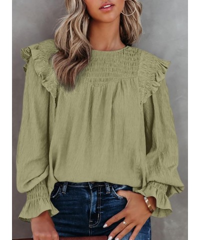 Casual Womens Tops Bubble Long Sleeve Crewneck Smocked Ruffle Shirts Blouses Green $18.89 Blouses