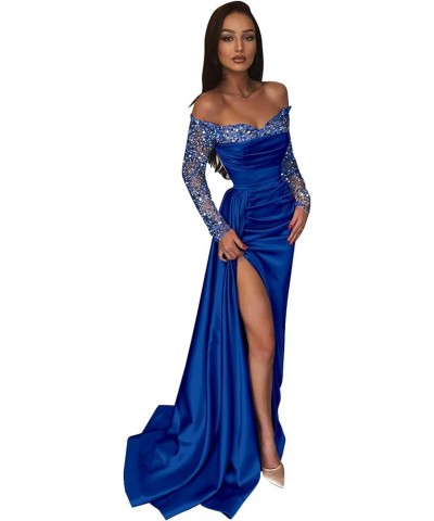 Long Sleeve Prom Dresses for Women Mermaid Off The Shoulder Satin Formal Evening Dress with Slit Royal Blue $45.89 Dresses