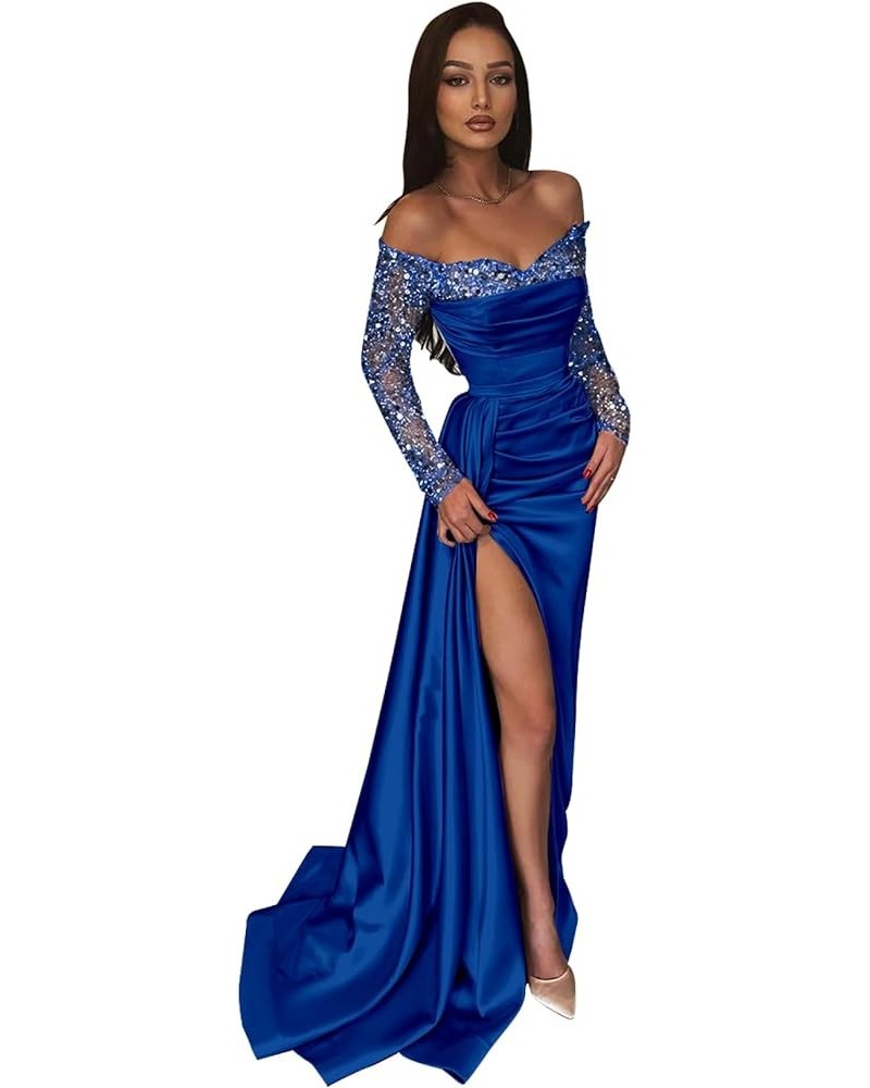 Long Sleeve Prom Dresses for Women Mermaid Off The Shoulder Satin Formal Evening Dress with Slit Royal Blue $45.89 Dresses