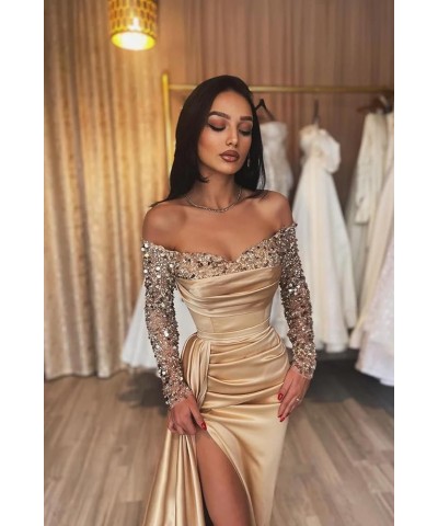 Long Sleeve Prom Dresses for Women Mermaid Off The Shoulder Satin Formal Evening Dress with Slit Royal Blue $45.89 Dresses