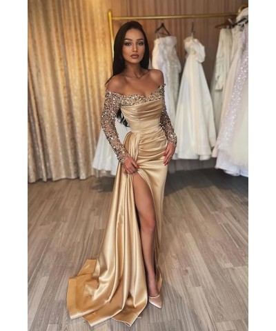 Long Sleeve Prom Dresses for Women Mermaid Off The Shoulder Satin Formal Evening Dress with Slit Royal Blue $45.89 Dresses