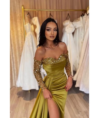 Long Sleeve Prom Dresses for Women Mermaid Off The Shoulder Satin Formal Evening Dress with Slit Royal Blue $45.89 Dresses