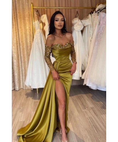 Long Sleeve Prom Dresses for Women Mermaid Off The Shoulder Satin Formal Evening Dress with Slit Royal Blue $45.89 Dresses