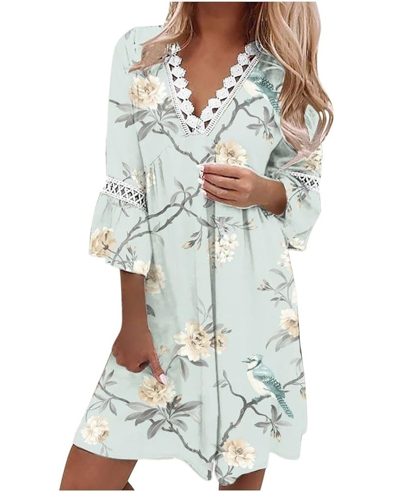 Dress for Women, Casual 3/4 Sleeve V Neck Floral Mini Dress 2023 Summer Vintage Spliced Loose Tunic Dresses 01-light Blue $10...