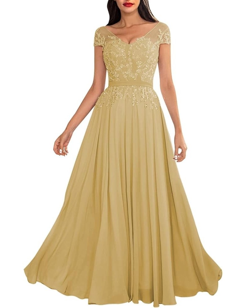 Beaded Mother of The Bride Dresses for Wedding with Sleeves Chiffon Lace Appliques Formal Evening Party Gowns Gold $33.75 Dre...