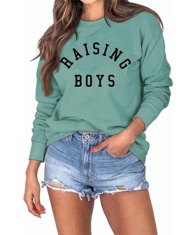 Raising Boys Gift Sweatshirt for Mom, Women Funny Saying Graphic Sweatshirt Long Sleeve Lightweight Pullover Top Light Green ...