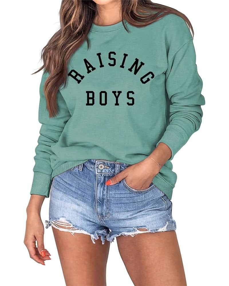 Raising Boys Gift Sweatshirt for Mom, Women Funny Saying Graphic Sweatshirt Long Sleeve Lightweight Pullover Top Light Green ...