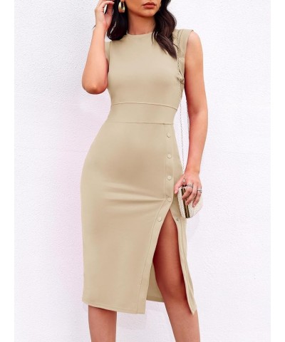 Women's Summer Casual Sleeveless Bodycon Midi Dress Crewneck Button Side Slit Cocktail Party Dress Apricot $15.18 Dresses