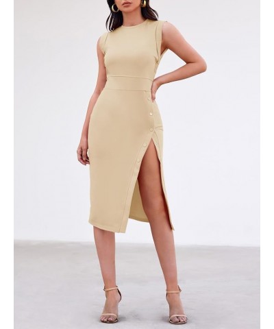 Women's Summer Casual Sleeveless Bodycon Midi Dress Crewneck Button Side Slit Cocktail Party Dress Apricot $15.18 Dresses