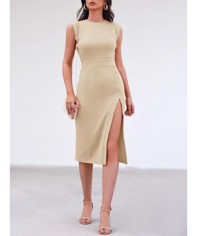 Women's Summer Casual Sleeveless Bodycon Midi Dress Crewneck Button Side Slit Cocktail Party Dress Apricot $15.18 Dresses