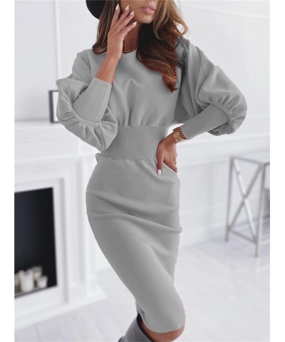 Womens Bodycon Pencil Dress Lantern Long Sleeve Elastic High Wasit Formal Midi Dress Elegant Business Office Lady Dress Gray ...