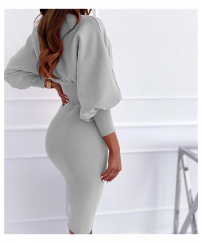 Womens Bodycon Pencil Dress Lantern Long Sleeve Elastic High Wasit Formal Midi Dress Elegant Business Office Lady Dress Gray ...