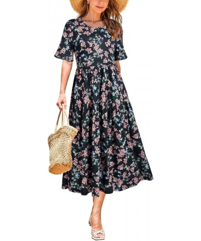 Womens Summer Dresses 2024 Casual Short Sleeve Crewneck Tiered Flowy Midi Dress Long Beach Sundress with Pockets Floral-t $21...