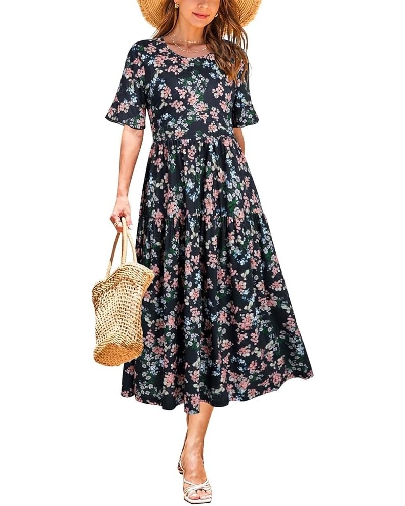 Womens Summer Dresses 2024 Casual Short Sleeve Crewneck Tiered Flowy Midi Dress Long Beach Sundress with Pockets Floral-t $21...