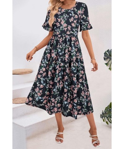 Womens Summer Dresses 2024 Casual Short Sleeve Crewneck Tiered Flowy Midi Dress Long Beach Sundress with Pockets Floral-t $21...