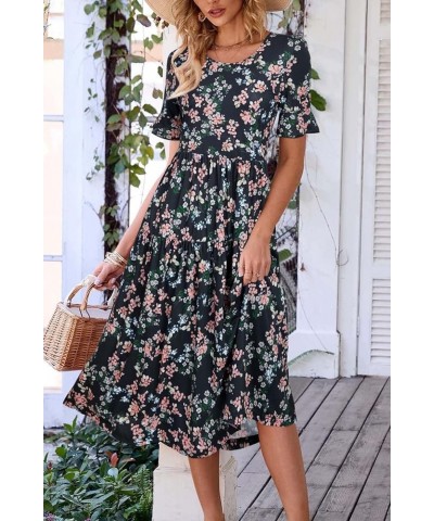 Womens Summer Dresses 2024 Casual Short Sleeve Crewneck Tiered Flowy Midi Dress Long Beach Sundress with Pockets Floral-t $21...