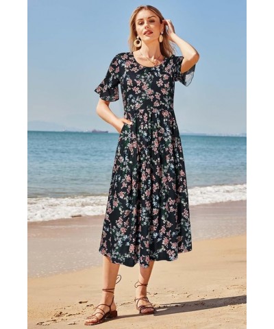 Womens Summer Dresses 2024 Casual Short Sleeve Crewneck Tiered Flowy Midi Dress Long Beach Sundress with Pockets Floral-t $21...