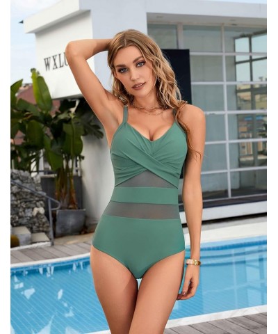 Womens V Neck Tummy Control Swimsuit Sexy One Piece Bathing Suit Mesh Swimwear Lake Green52 $17.59 Swimsuits