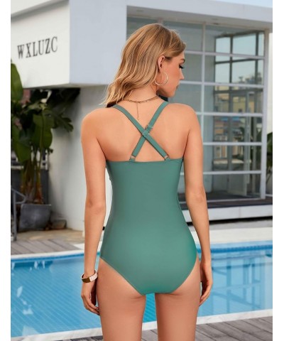 Womens V Neck Tummy Control Swimsuit Sexy One Piece Bathing Suit Mesh Swimwear Lake Green52 $17.59 Swimsuits