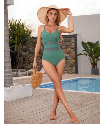 Womens V Neck Tummy Control Swimsuit Sexy One Piece Bathing Suit Mesh Swimwear Lake Green52 $17.59 Swimsuits