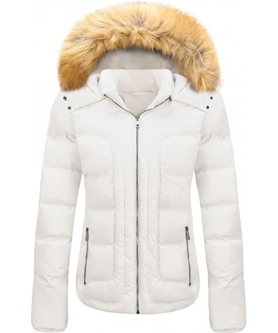 Women's Winter Thicken Coats Warm Short Puffer Jackets with Removable Fur Hood White $35.99 Jackets