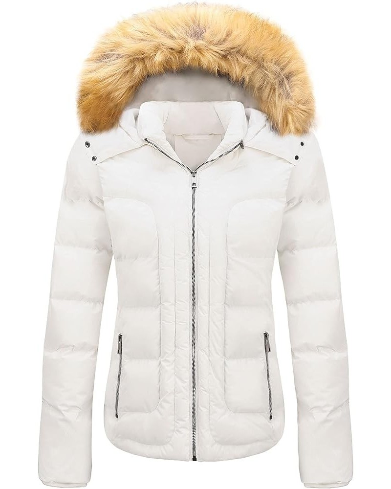 Women's Winter Thicken Coats Warm Short Puffer Jackets with Removable Fur Hood White $35.99 Jackets