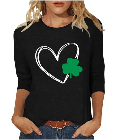 Womens St Patricks Day Shirt 3/4 Length Sleeve Tops Tunic Irish Shamrock Graphic Tees Casual Loose Blouses 10_black St Pattys...