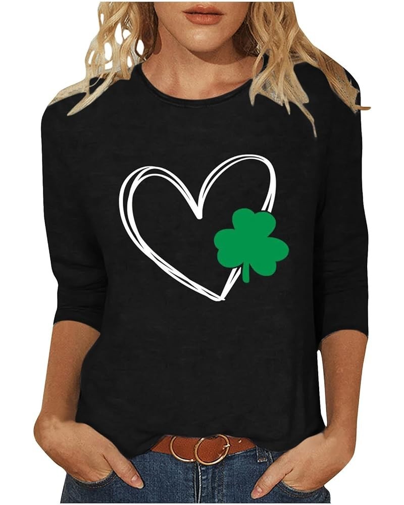 Womens St Patricks Day Shirt 3/4 Length Sleeve Tops Tunic Irish Shamrock Graphic Tees Casual Loose Blouses 10_black St Pattys...