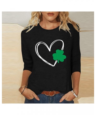 Womens St Patricks Day Shirt 3/4 Length Sleeve Tops Tunic Irish Shamrock Graphic Tees Casual Loose Blouses 10_black St Pattys...