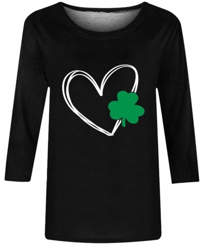 Womens St Patricks Day Shirt 3/4 Length Sleeve Tops Tunic Irish Shamrock Graphic Tees Casual Loose Blouses 10_black St Pattys...