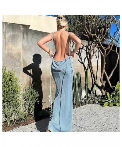 Women Sexy Backless Dress Bodycon Sleeveless Open Back Maxi Dress Going Out Elegant Party Ladies Bell Sleeve B-blue $14.83 Dr...