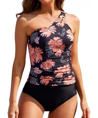 Two Piece Tankini Swimsuits for Women One Shoulder Tummy Control Bathing Suits Floral Cutout Swimwear with Bottoms Black $8.6...