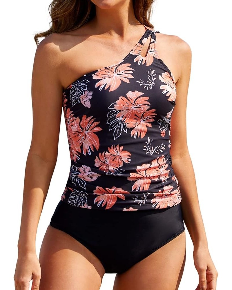 Two Piece Tankini Swimsuits for Women One Shoulder Tummy Control Bathing Suits Floral Cutout Swimwear with Bottoms Black $8.6...