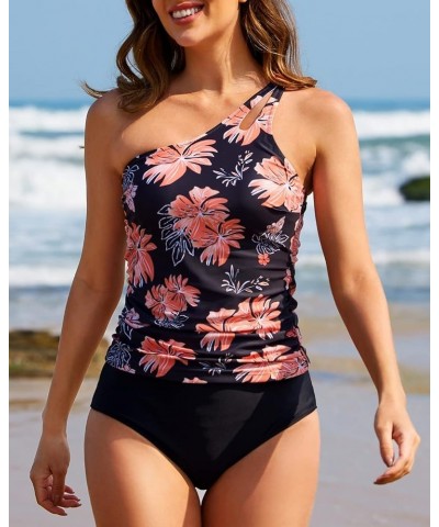 Two Piece Tankini Swimsuits for Women One Shoulder Tummy Control Bathing Suits Floral Cutout Swimwear with Bottoms Black $8.6...