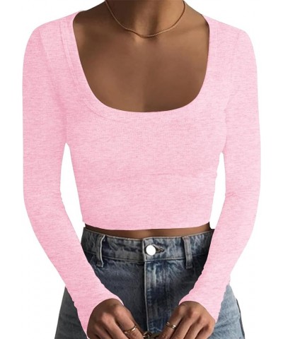 Women's Sexy Ribbed Knit Crop Tops Scoop Neck Slim Fitted Long Sleeve Solid Skinny Casual Pullover Basic T-Shirts Pink $14.15...