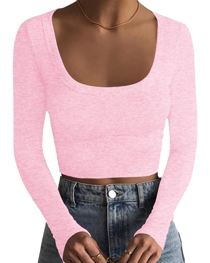 Women's Sexy Ribbed Knit Crop Tops Scoop Neck Slim Fitted Long Sleeve Solid Skinny Casual Pullover Basic T-Shirts Pink $14.15...