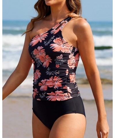 Two Piece Tankini Swimsuits for Women One Shoulder Tummy Control Bathing Suits Floral Cutout Swimwear with Bottoms Black $8.6...