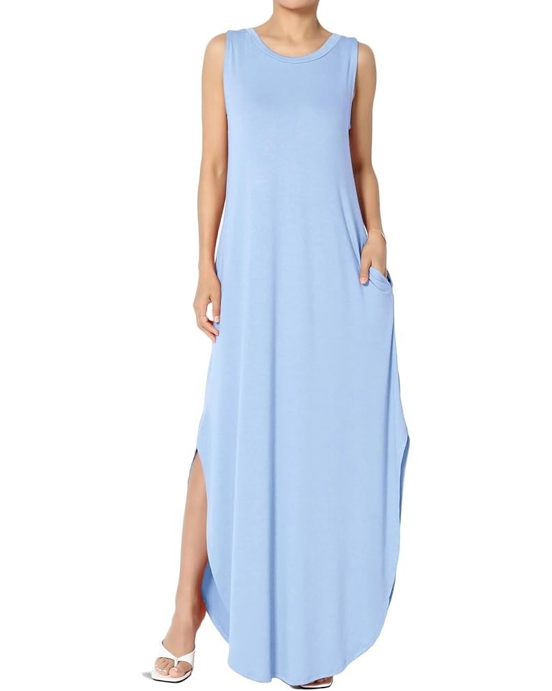 S~3X Sleeveless Loose Plain Curved Slit Hem Long Maxi Dress w Pocket Tank Light Blue $11.89 Dresses