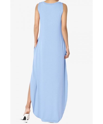 S~3X Sleeveless Loose Plain Curved Slit Hem Long Maxi Dress w Pocket Tank Light Blue $11.89 Dresses