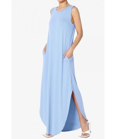 S~3X Sleeveless Loose Plain Curved Slit Hem Long Maxi Dress w Pocket Tank Light Blue $11.89 Dresses