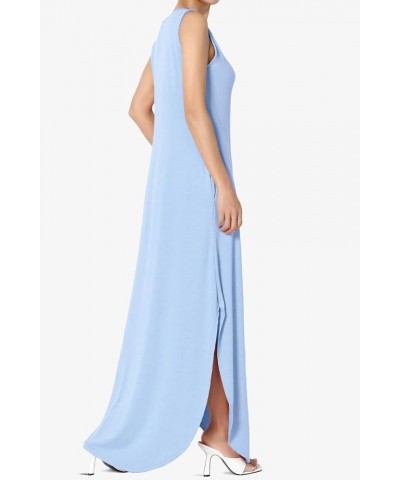 S~3X Sleeveless Loose Plain Curved Slit Hem Long Maxi Dress w Pocket Tank Light Blue $11.89 Dresses