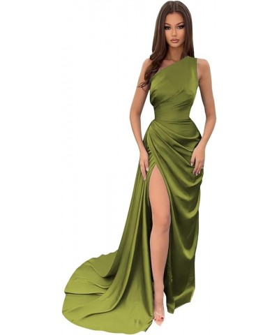 Women's One Shoulder Prom Dresses Satin Mermaid Long with Slit Formal Wedding Party Gown ABCDF-3 Olive Green $34.01 Dresses