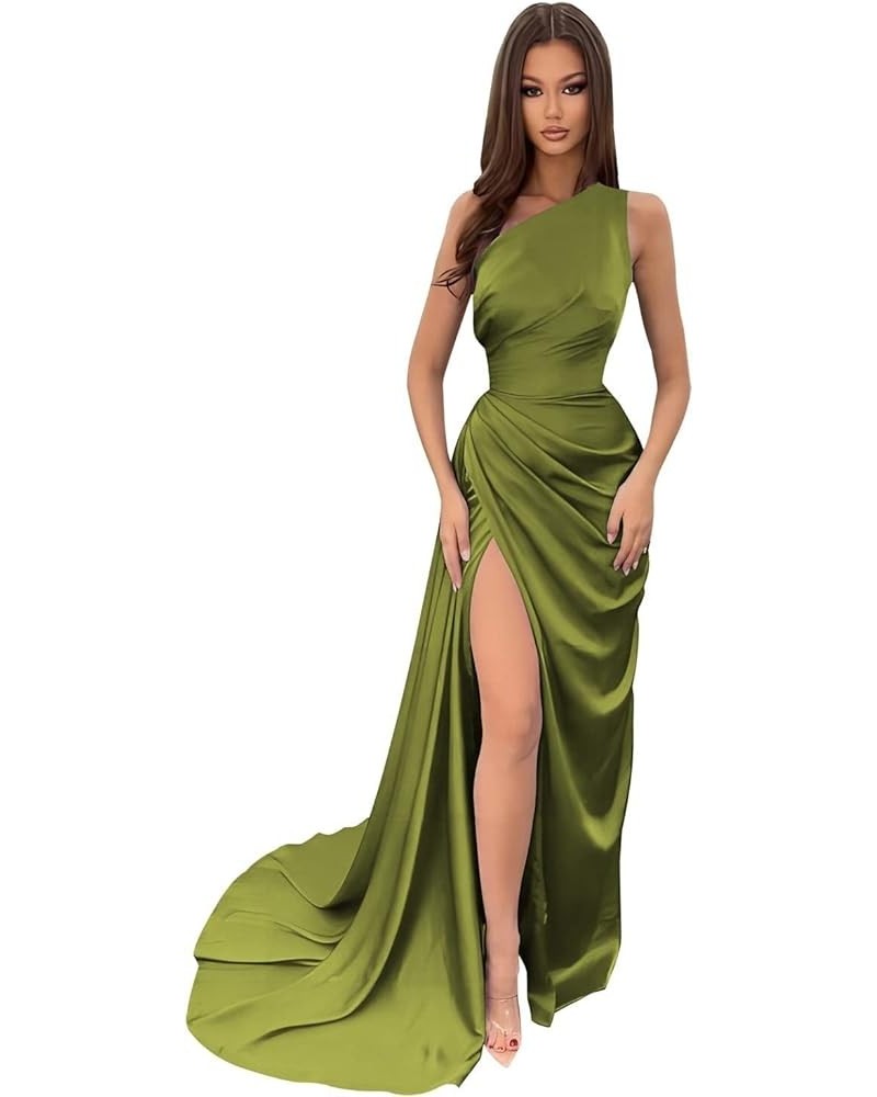 Women's One Shoulder Prom Dresses Satin Mermaid Long with Slit Formal Wedding Party Gown ABCDF-3 Olive Green $34.01 Dresses