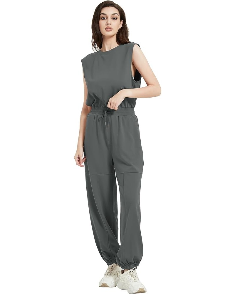 Women Casual Jumpsuits One Piece Outfits Sleeveless Loose Long Pants Romper Dark Grey $19.78 Jumpsuits