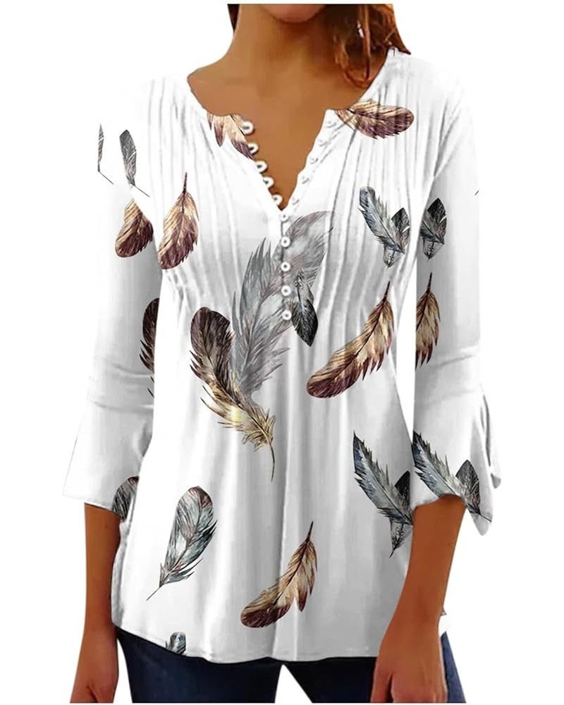 Fall Tops for Women Casual 3/4 Length Sleeve T Shirts Button Up V Neck Tunics Floral Print Loose Lightweight Blouses 02 White...